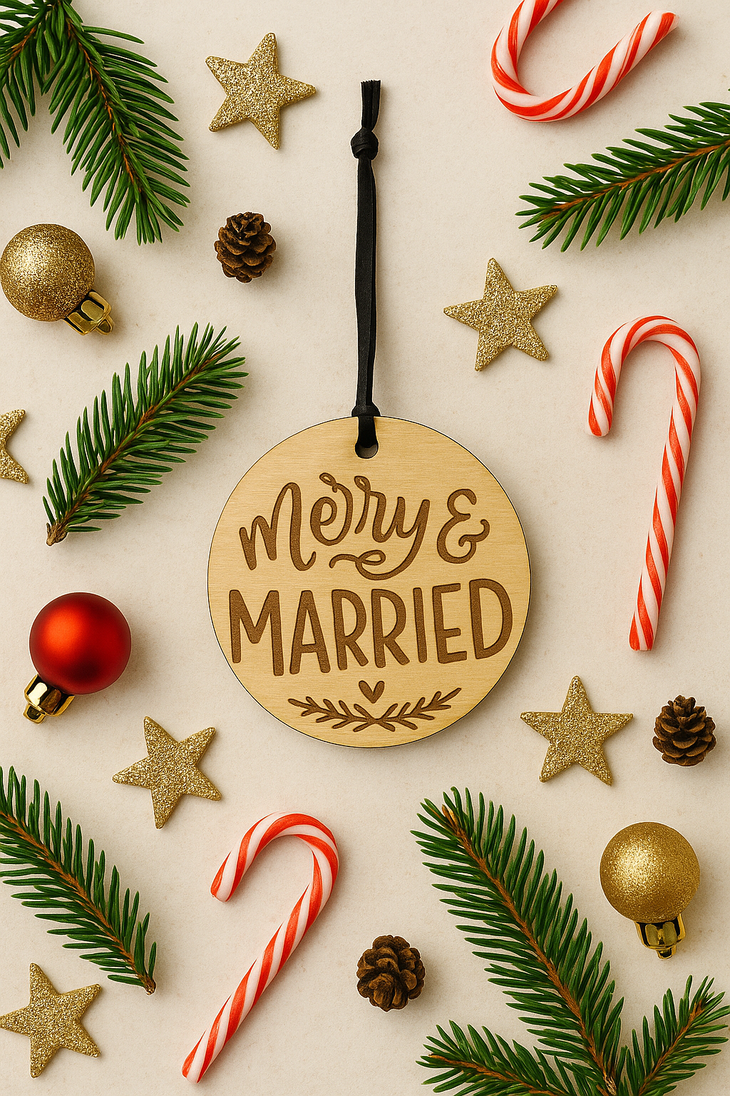 Merry & Married Wooden Christmas Ornament