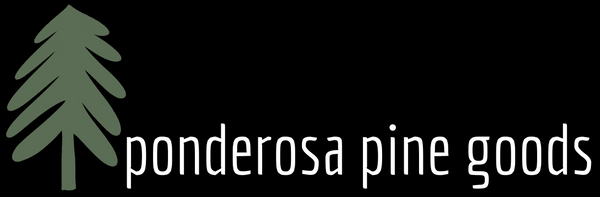 Logo of Ponderosa Pine Goods with a green pine tree on a black background